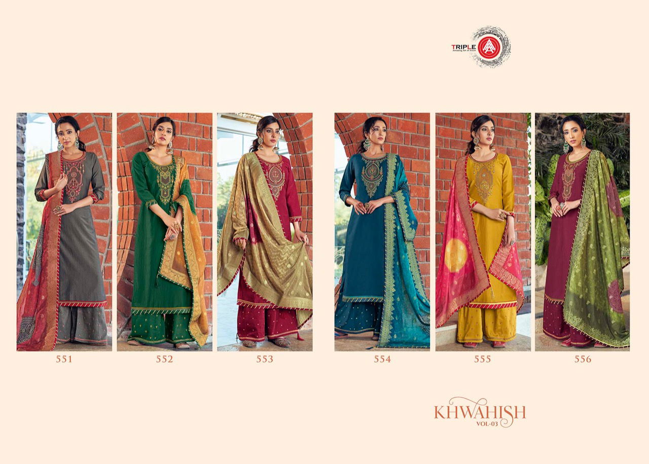 Triple Aaa Khwahish 3 Latest Fancy Designer Regular Casual Wear prampara silk with khatli work neck Dress Material Collection
